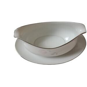 Sango Rosanne 6176 Fine China Gravy Boat Attached Pink Rose Design Japan